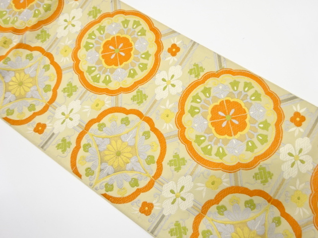 アンティーク　華紋に格子模様織り出し袋帯（着用可）